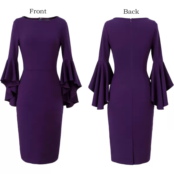 VFSHOW Womens Elegant Bell Sleeve Cocktail Party Bodycon Pencil Sheath DressPurplecotton Blend