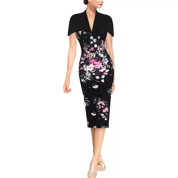 VFSHOW Womens Elegant Cape Cocktail Party Slim Fitted Stretch Bodycon Pencil DressBlack Floral Print