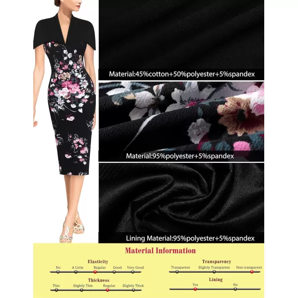 VFSHOW Womens Elegant Cape Cocktail Party Slim Fitted Stretch Bodycon Pencil DressBlack Floral Print