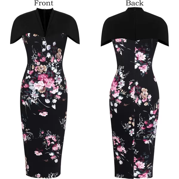 VFSHOW Womens Elegant Cape Cocktail Party Slim Fitted Stretch Bodycon Pencil DressBlack Floral Print