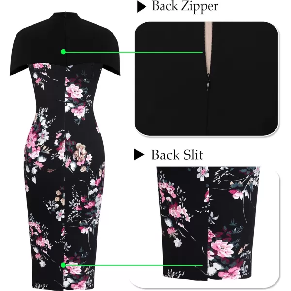 VFSHOW Womens Elegant Cape Cocktail Party Slim Fitted Stretch Bodycon Pencil DressBlack Floral Print