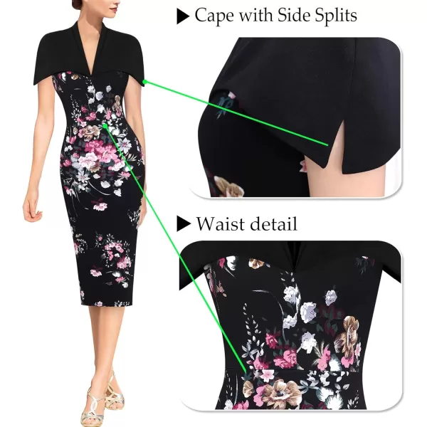 VFSHOW Womens Elegant Cape Cocktail Party Slim Fitted Stretch Bodycon Pencil DressBlack Floral Print