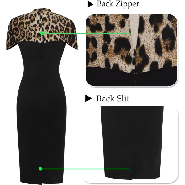 VFSHOW Womens Elegant Cape Cocktail Party Slim Fitted Stretch Bodycon Pencil DressBlack Leopard Print Cape