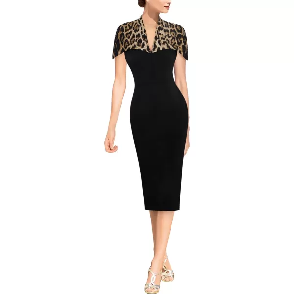 VFSHOW Womens Elegant Cape Cocktail Party Slim Fitted Stretch Bodycon Pencil DressBlack Leopard Print Cape