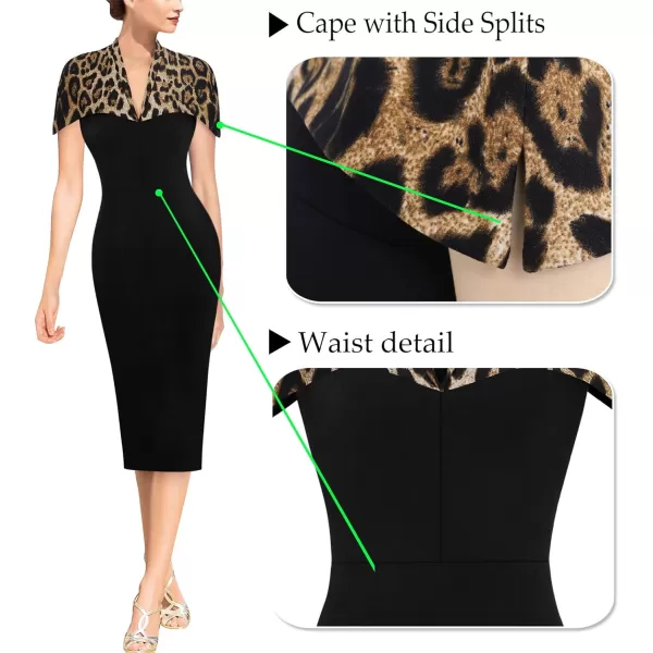 VFSHOW Womens Elegant Cape Cocktail Party Slim Fitted Stretch Bodycon Pencil DressBlack Leopard Print Cape