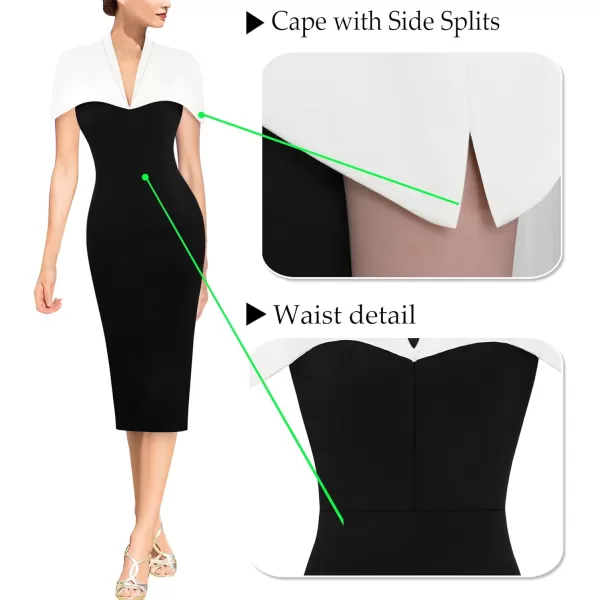 VFSHOW Womens Elegant Cape Cocktail Party Slim Fitted Stretch Bodycon Pencil DressBlack and White