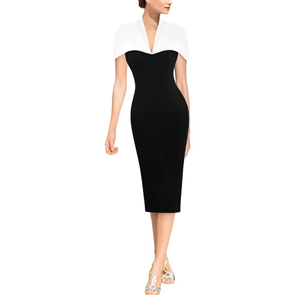 VFSHOW Womens Elegant Cape Cocktail Party Slim Fitted Stretch Bodycon Pencil DressBlack and White