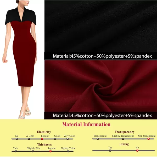 VFSHOW Womens Elegant Cape Cocktail Party Slim Fitted Stretch Bodycon Pencil DressDark Red and Black