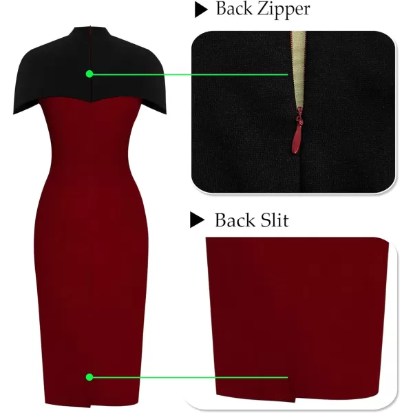 VFSHOW Womens Elegant Cape Cocktail Party Slim Fitted Stretch Bodycon Pencil DressDark Red and Black