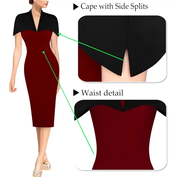 VFSHOW Womens Elegant Cape Cocktail Party Slim Fitted Stretch Bodycon Pencil DressDark Red and Black