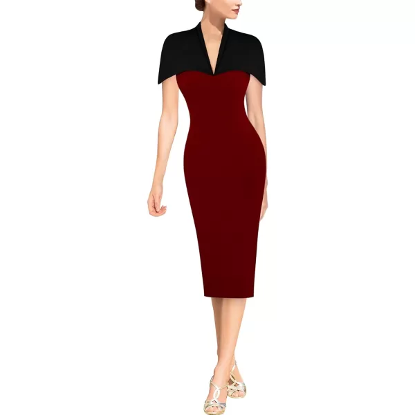 VFSHOW Womens Elegant Cape Cocktail Party Slim Fitted Stretch Bodycon Pencil DressDark Red and Black