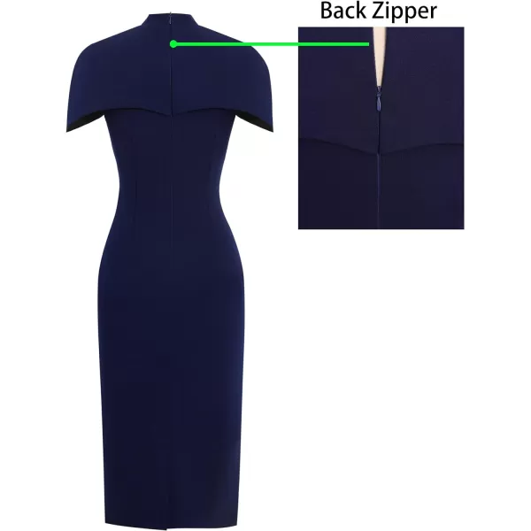 VFSHOW Womens Elegant Cape Cocktail Party Slim Fitted Stretch Bodycon Pencil DressNavy Blue Midi