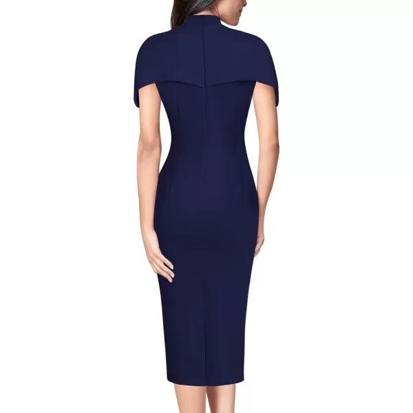 VFSHOW Womens Elegant Cape Cocktail Party Slim Fitted Stretch Bodycon Pencil DressNavy Blue Midi