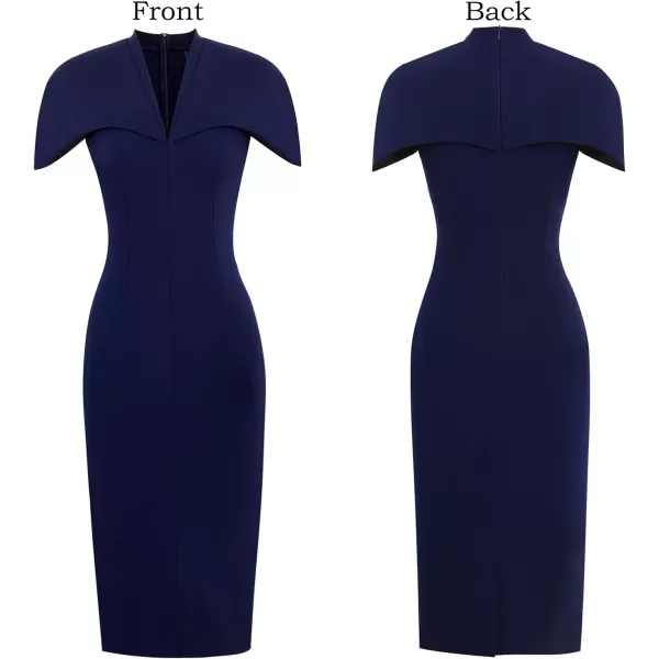 VFSHOW Womens Elegant Cape Cocktail Party Slim Fitted Stretch Bodycon Pencil DressNavy Blue Midi