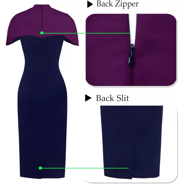 VFSHOW Womens Elegant Cape Cocktail Party Slim Fitted Stretch Bodycon Pencil DressPurple and Navy