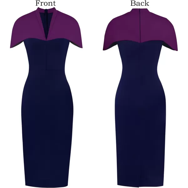 VFSHOW Womens Elegant Cape Cocktail Party Slim Fitted Stretch Bodycon Pencil DressPurple and Navy