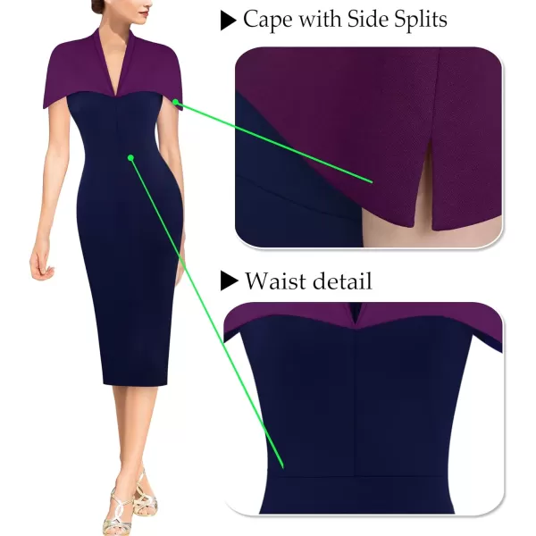 VFSHOW Womens Elegant Cape Cocktail Party Slim Fitted Stretch Bodycon Pencil DressPurple and Navy