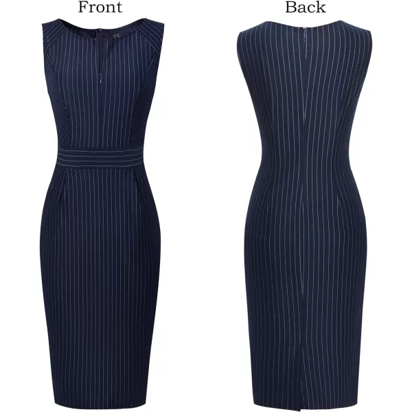 VFSHOW Womens Elegant Front Zipper Pockets Slim Work Business Office Sheath DressNavy Blue and White Stripepockets