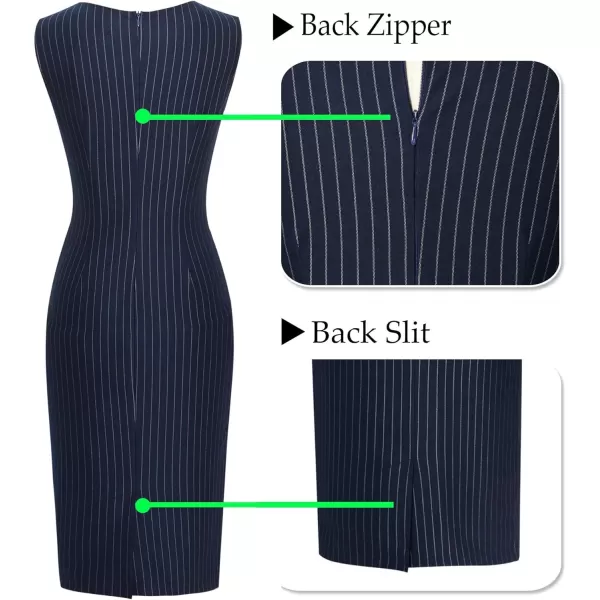 VFSHOW Womens Elegant Front Zipper Pockets Slim Work Business Office Sheath DressNavy Blue and White Stripepockets