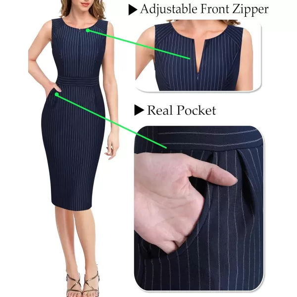 VFSHOW Womens Elegant Front Zipper Pockets Slim Work Business Office Sheath DressNavy Blue and White Stripepockets