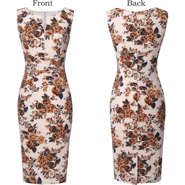 VFSHOW Womens Elegant Front Zipper Slim Work Business Office Party Bodycon Pencil DressBeige and Brown Floral Print