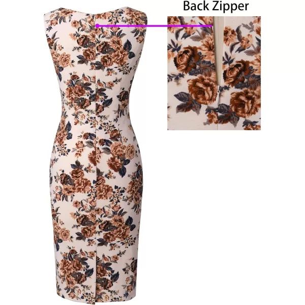 VFSHOW Womens Elegant Front Zipper Slim Work Business Office Party Bodycon Pencil DressBeige and Brown Floral Print