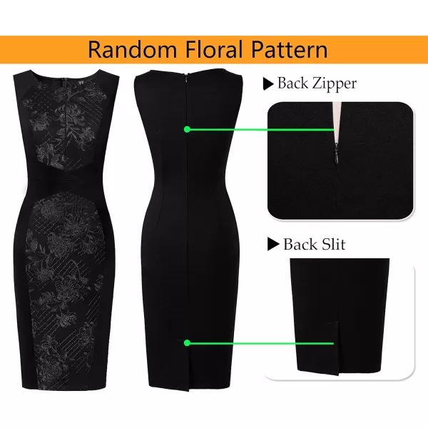 VFSHOW Womens Elegant Front Zipper Slim Work Business Office Party Bodycon Pencil DressBlack  Floral Embroidery2