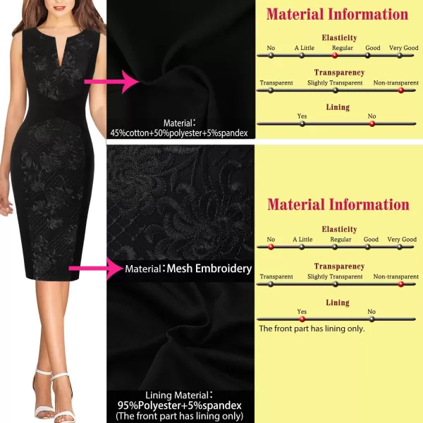 VFSHOW Womens Elegant Front Zipper Slim Work Business Office Party Bodycon Pencil DressBlack  Floral Embroidery2