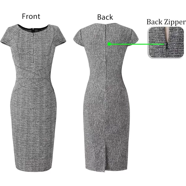 VFSHOW Womens Elegant Front Zipper Slim Work Business Office Party Bodycon Pencil DressBlack Tweedcap Sleeve