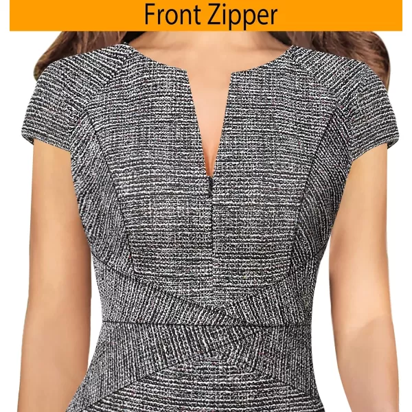 VFSHOW Womens Elegant Front Zipper Slim Work Business Office Party Bodycon Pencil DressBlack Tweedcap Sleeve