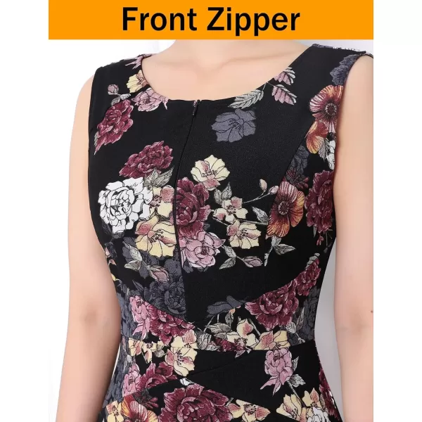 VFSHOW Womens Elegant Front Zipper Slim Work Business Office Party Bodycon Pencil DressBlack and Floral Printed Mesh2