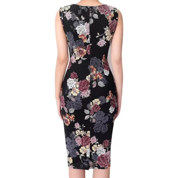 VFSHOW Womens Elegant Front Zipper Slim Work Business Office Party Bodycon Pencil DressBlack and Floral Printed Mesh2