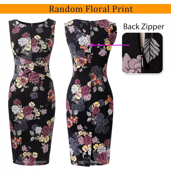 VFSHOW Womens Elegant Front Zipper Slim Work Business Office Party Bodycon Pencil DressBlack and Floral Printed Mesh2