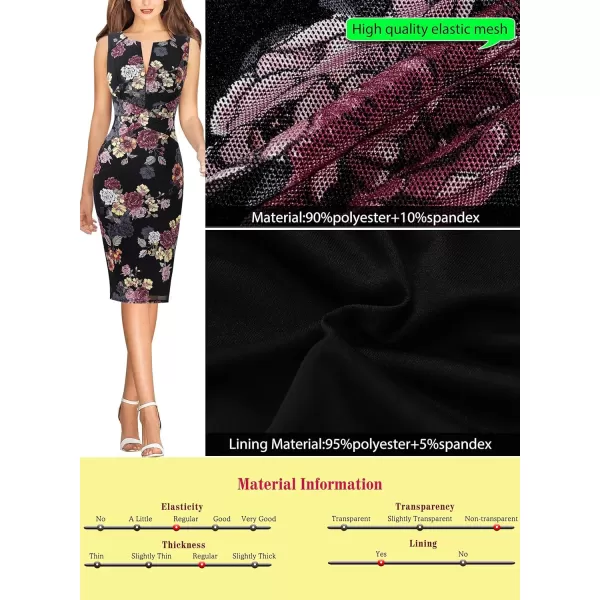 VFSHOW Womens Elegant Front Zipper Slim Work Business Office Party Bodycon Pencil DressBlack and Floral Printed Mesh2