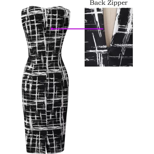 VFSHOW Womens Elegant Front Zipper Slim Work Business Office Party Bodycon Pencil DressBlack and White Geometric Print