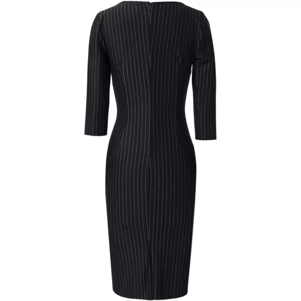 VFSHOW Womens Elegant Front Zipper Slim Work Business Office Party Bodycon Pencil DressBlack and White Striped34 Sleeve