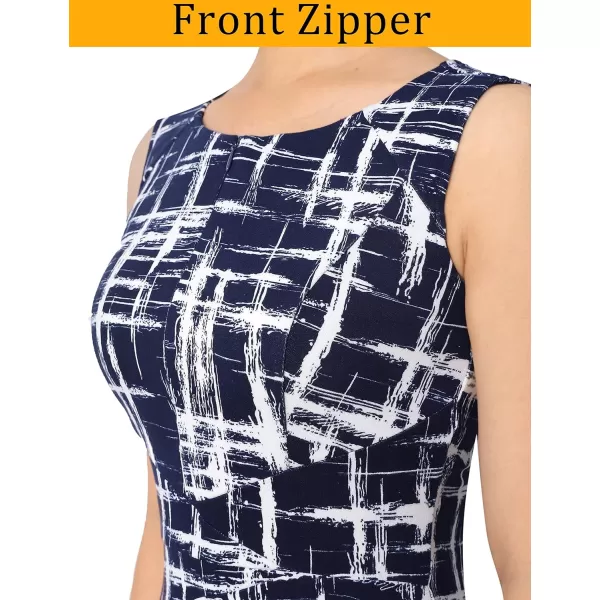 VFSHOW Womens Elegant Front Zipper Slim Work Business Office Party Bodycon Pencil DressBlue and White Geometric Print