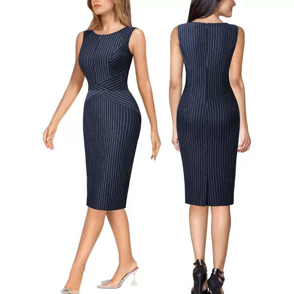 VFSHOW Womens Elegant Front Zipper Slim Work Business Office Party Bodycon Pencil DressBluewhite Striped Sleeveless