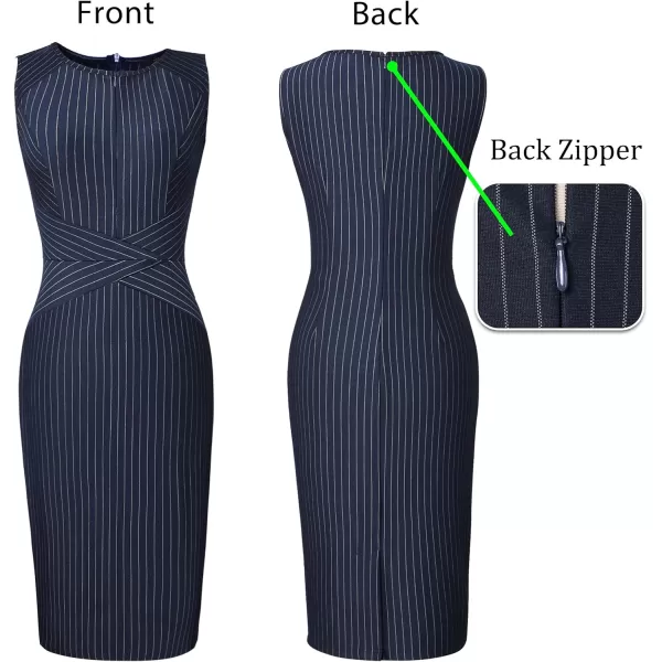 VFSHOW Womens Elegant Front Zipper Slim Work Business Office Party Bodycon Pencil DressBluewhite Striped Sleeveless