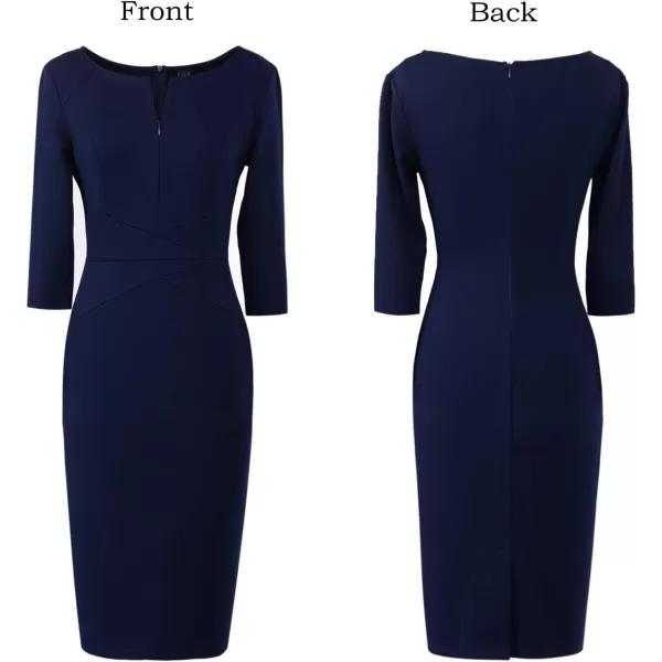 VFSHOW Womens Elegant Front Zipper Slim Work Business Office Party Bodycon Pencil DressDark Blue34 Sleeve2