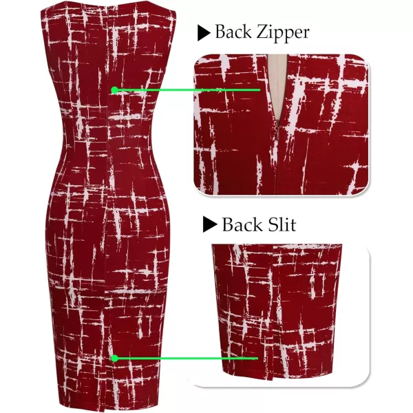 VFSHOW Womens Elegant Front Zipper Slim Work Business Office Party Bodycon Pencil DressDark Red and White Geometric Print