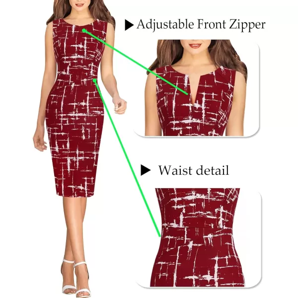 VFSHOW Womens Elegant Front Zipper Slim Work Business Office Party Bodycon Pencil DressDark Red and White Geometric Print