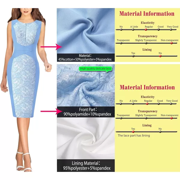 VFSHOW Womens Elegant Front Zipper Slim Work Business Office Party Bodycon Pencil DressLight Blue and Floral Lace