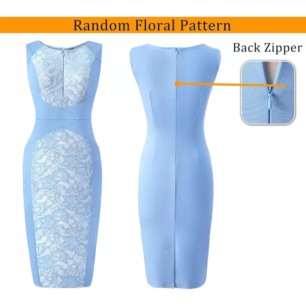 VFSHOW Womens Elegant Front Zipper Slim Work Business Office Party Bodycon Pencil DressLight Blue and Floral Lace