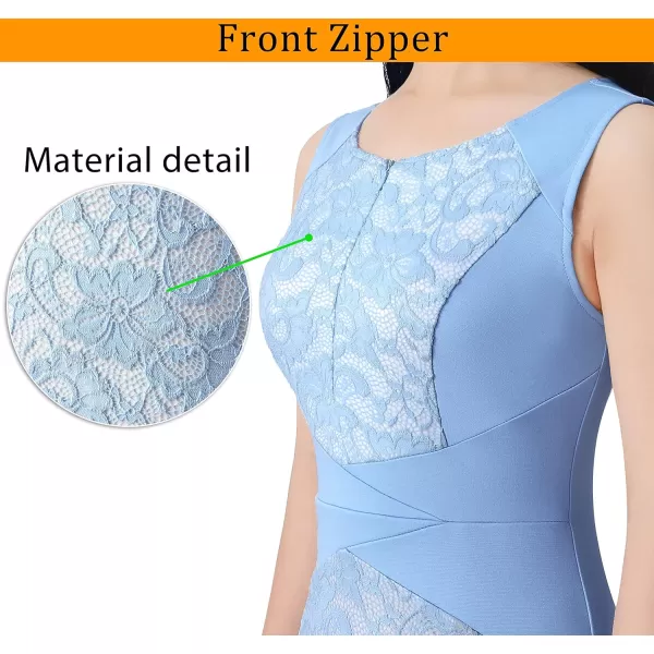 VFSHOW Womens Elegant Front Zipper Slim Work Business Office Party Bodycon Pencil DressLight Blue and Floral Lace