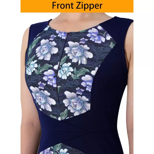 VFSHOW Womens Elegant Front Zipper Slim Work Business Office Party Bodycon Pencil DressNavy Blue Floral Lace2