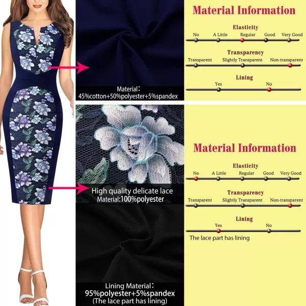 VFSHOW Womens Elegant Front Zipper Slim Work Business Office Party Bodycon Pencil DressNavy Blue Floral Lace2