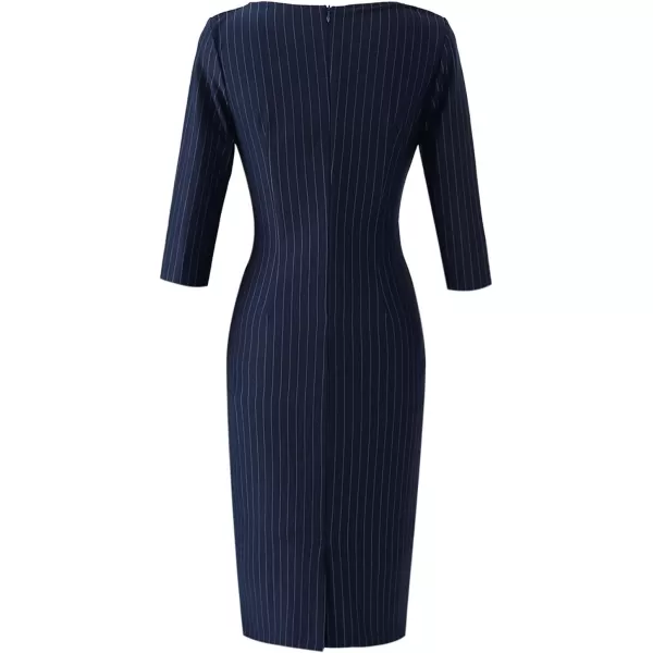 VFSHOW Womens Elegant Front Zipper Slim Work Business Office Party Bodycon Pencil DressNavy Blue and White Striped34 Sleeve