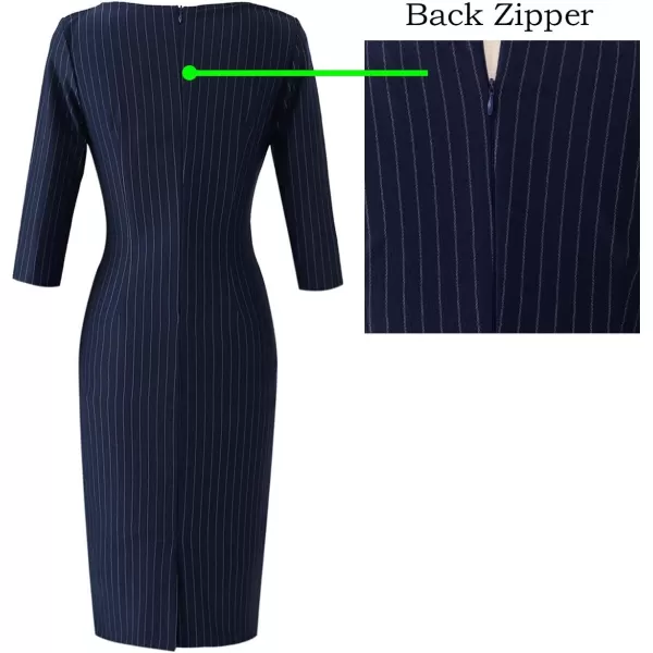 VFSHOW Womens Elegant Front Zipper Slim Work Business Office Party Bodycon Pencil DressNavy Blue and White Striped34 Sleeve