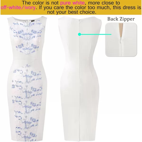 VFSHOW Womens Elegant Front Zipper Slim Work Business Office Party Bodycon Pencil DressOff White and Blue Floral Embroidery